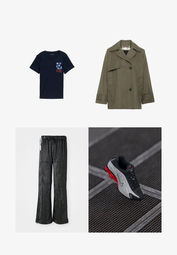 Olivengrüner Trenchcoat mit Kragen, großen Fronttaschen, zwei schwarzen Knöpfen und Dreiviertelärmeln. Glattes Material mit lockerer Passform.; Navyblaue Baumwoll-T-Shirt mit kurzen Ärmeln, mit einem grafischen Druck von Herzen und dem Text "je t'aime pour toujours" in Rot.; Schwarze Cargo-Hosen aus glänzendem, strukturiertem Stoff. Sie verfügen über ein weit geschnittenes Design, einen elastischen Bund mit Kordelzug und mehrere Seitentaschen.; Schwarzer und grauer Sportschuh mit roter gepolsterter Sohle, schwarzen Schnürsenkeln und Swoosh-Logo, das auf einer Metallgitteroberfläche ruht.
