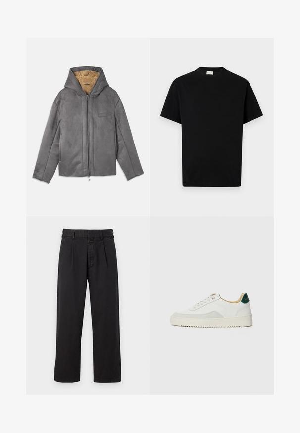 Harmaa vetoketjullinen takki hupulla, pehmeästä mokkamaisesta materiaalista, vuorattu vaaleanruskealla fleece-kankaalla lämmön ja mukavuuden takaamiseksi. Sivutaskut.; Mustan puuvillan t-paita, jossa on pyöreä kaula-aukko, lyhyt hiha ja suora leikkaus. Ei näkyviä kuvioita tai metallisia yksityiskohtia.; Mustat puuvillahousut suoran leikkauksen kanssa, joissa on pleatattu etuosa, vyölenkit ja nappisuljin. Tasainen rakenne ilman kuvioita.; Valkoiset tennarit, joissa on nahkaosia, pyöreä kärki, tasaiset nauhat ja kermaisa kumi-pohja. Takana vihreä brändäys.