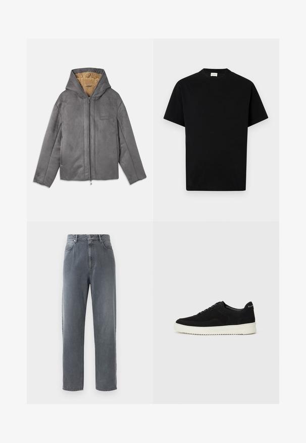 Gray suede jacket with a hood, featuring a soft tan fleece lining, front zipper closure, and minimal branding on the chest.; Black cotton t-shirt with a round neckline, short sleeves, and straight cut. No visible patterns or hardware details.; High-waisted, straight-leg jeans in faded gray denim, featuring five pockets, a button closure, and subtle fading on the fabric.; Black suede sneaker with lace-up design and contrasting white rubber sole. Features textured side panels and subtle branding on the heel.