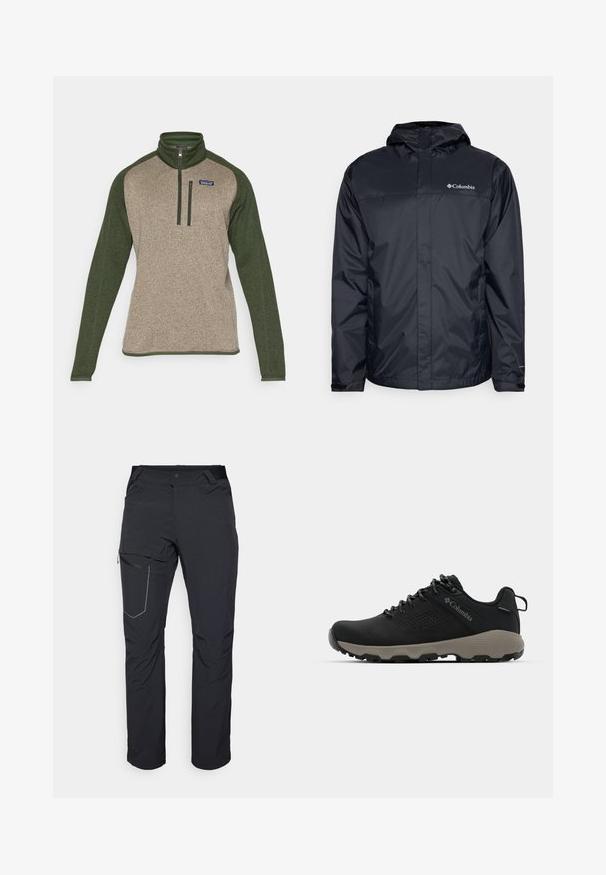 Giacca impermeabile nera con cappuccio, caratterizzata da una zip frontale, polsini elasticizzati e un logo nella parte superiore sinistra del petto. Materiale leggero.; Pullover a mezza zip in beige e verde scuro. Presenta un colletto alto, maniche a contrasto, una tasca con zip sul petto e un tessuto testurizzato.; Pantaloni neri da esterno con tasca a zip sulla coscia, cintura elastica e tessuto liscio, resistente all'acqua. Design pulito senza loghi visibili.; Scarpa da trekking nera con tomaia liscia, design perforato, suola grigia e tallone rinforzato. Caratterizzata da lacci e un anello per una facile calzata.