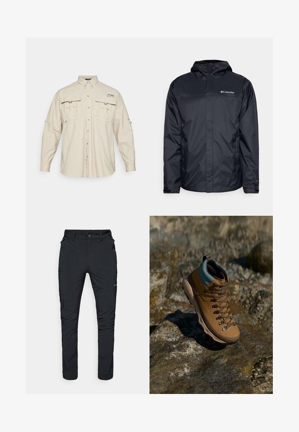 Svart vanntett jakke med hette, med glidelås foran, elastiske mansjetter og logo på øvre venstre brystområde. Lett materiale.; Columbia BAHAMA™ SHIRT - Skjorte - fossil; Sorte utendørs bukser med rett passform, med glidelåslommer, beltehemper og et lett, slitesterkt tekstil.; Brune fottøy for fotturer med syntetisk overdel, lyseblå krage, metallhull og teksturert gummisåle. Designet for utendørsaktiviteter.