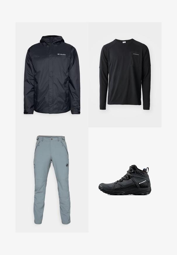 Zwarte waterdichte jas met een capuchon, voorzien van een rits aan de voorkant, elastische manchetten en een logo op de bovenste linkerborst. Lichtgewicht materiaal.; Columbia COLUMBIA TECH™ LONG SLEEVE CREW - Longsleeve - black; Mammut RUNBOLD PANTS MEN - Broek - blue/grey; Zwarte wandelschoenen met een robuust ontwerp, met een mix van gestructureerde stof en rubber, versterkte neuskap en vetersysteem.