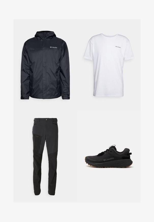 Melna ūdensnecaurlaidīga jaka ar kapuci, ar rāvējslēdzēja priekšpusi, elastīgām aprocēm un logo augšējā kreisajā krūtīs. Viegls materiāls.; Balta kokvilnas t-krekls ar īsām piedurknēm, apaļu kakla izgriezumu un nelielu melnu Columbia logotipu, kas izdrukāts uz krūtīm. Gluda tekstūra.; Tumši pelēki un melni bikses ar dažādu tekstūru sajaukumu, vairākām ar rāvējslēdzējiem aizveramām kabatām un taisnu kāju dizainu. Izmantojams izturīgs materiāls.; Melnas Columbia sporta kurpes ar teksturētu virsmu, mīkstinātu apkaklīti un gumijas zoli, kas piedāvā izteiktu rakstu saķerei.