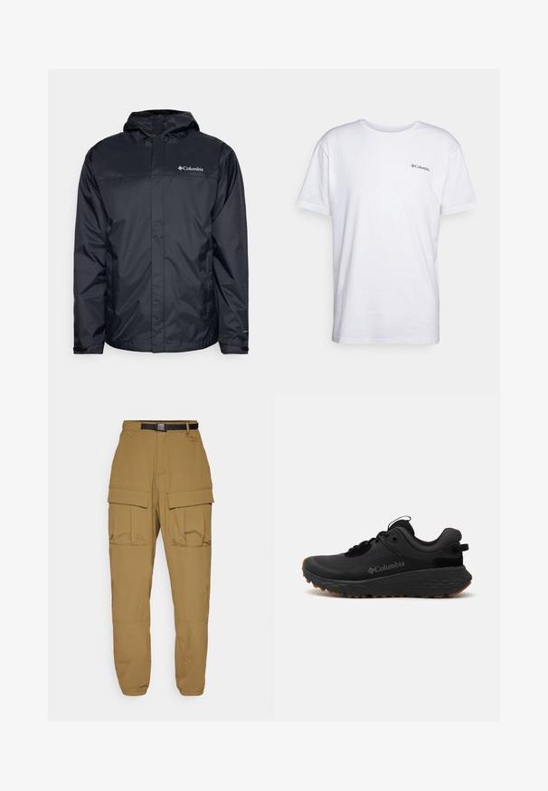 Musta vedenpitävä takki hupullinen, jossa on vetoketjullinen etuosa, joustavat hihansuut ja logo vasemmassa ylärintataskussa. Kevyt materiaali.; Valkoinen puuvillapaita, jossa on lyhyet hihat, pyöreä kaula-aukko ja pieni musta Columbia-logo tulostettuna rintamalla. Sileä pinta.; Housut vaaleanvihreällä sävyllä, joissa on rento istuvuus, useita suuria taskuja, säädettävä musta vyö ja joustavat hihnat nilkoissa.; Musta Columbia urheilukengä, jossa on teksturoitu pinta, pehmustettu kaulus ja kumipohja, jossa on erityinen kuvio pitoa varten.