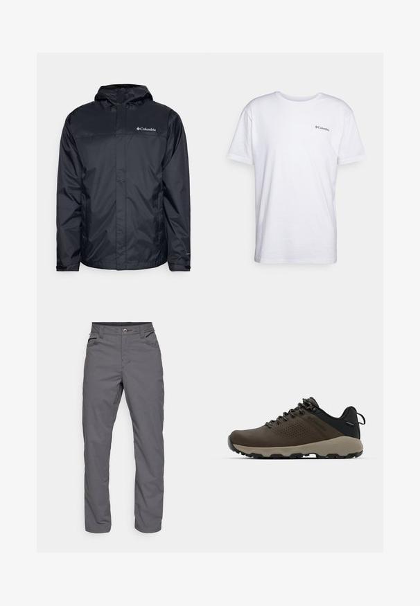 Juoda vandeniui atspari striukė su kapu, su užtrauktuku priekyje, elastingomis rankovėmis ir logotipu viršutinėje kairėje krūtinės dalyje. Lengvas medžiagos audinys.; Balta medvilninė marškinėlių su trumpomis rankovėmis, apvaliu iškirpimu ir mažu juodu Columbia logotipu, išspausdintu krūtinėje. Lygi tekstūra.; Šviesiai pilki, tiesaus kirpimo kelnių modeliai, pagaminti iš lengvos medžiagos. Yra dvi priekinės kišenės ir užtrauktukas su mygtuko uždarymu. Lygus paviršius.; Rudi nepralaidūs sportbačiai su tekstūruota viršutine dalimi, perforuotomis detalėmis, juodu kulno palaikymu ir pilku guminio padu. Šniūreliai yra dekoruoti metaliniais galais.