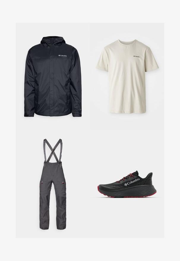 Melna ūdensnecaurlaidīga jaka ar kapuci, ar rāvējslēdzēja priekšpusi, elastīgām aprocēm un logo augšējā kreisajā krūtīs. Viegls materiāls.; Beige kokvilnas t-kreklu ar īsām piedurknēm, apaļu kakla izgriezumu un mazu melnu logo kreisajā krūšu pusē. Gluda, neizgreznota auduma.; Pelēki izolēti kombinezoni ar regulējamām piekarēm, vairākiem kabatām un pastiprinātiem ceļgaliem, ar gludu, izturīgu auduma struktūru.; Melnas sporta kurpes ar teksturētu augšdaļu, sarkanām auklām un logotipu. Bieza zole ar rakstainu protektoru, lai nodrošinātu saķeri. Minimālisma dizains, sānu skats.