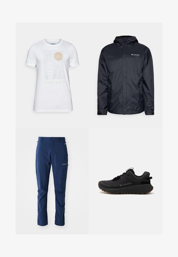 Juoda vandeniui atspari striukė su kapu, su užtrauktuku priekyje, elastingomis rankovėmis ir logotipu viršutinėje kairėje krūtinės dalyje. Lengvas medžiagos audinys.; Balta medvilninė marškinėlių su grafiniu dizainu, kuriame matosi banguotos linijos ir bežinė apskritimas, apačioje užrašas "COLUMBIA SPORTSWEAR". Trumpi rankoviai.; Columbia COLUMBIA TECH™ PANT - Lauko kelnės - collegiate navy; Juoda Kolumbijos sportinė avalynė su tekstūruotu paviršiumi, paminkštintu apykakle ir guminėmis padais, kurių paviršiuje yra išskirtinė struktūra sukibimui.