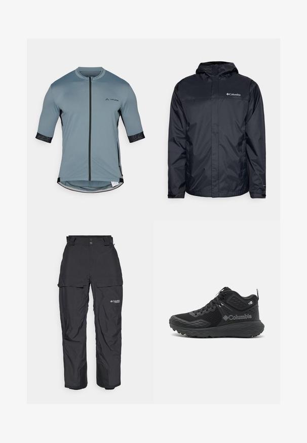 Čierna nepremokavá bunda s kapucňou, so zipsovým predným zapínaním, elastickými manžetami a logom v hornej ľavej oblasti hrudi. Ľahký materiál.; Cyklistický dres s krátkym rukávom v svetlo modrej farbe, s predným zipsom a čiernymi vzorovanými akcentmi na rukávoch. Vyrobený z elastického, priedušného materiálu.; Čierne nepremokavé vonkajšie nohavice s uvoľneným strihom, nastaviteľným pásom, bočnými cargo vreckami a vystuženými manžetami na členkoch.; Čierne turistické topánky s mesh vrchnou časťou, textúrovanými akcentmi, polstrovanou podrážkou a výrazným logom. Obsahujú bezpečný systém šnurovania a pútko.