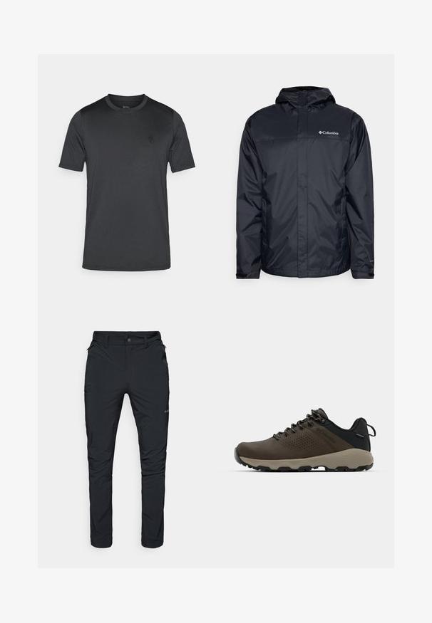 Mustus veekindel jakk kapuutsiga, millel on esikinnitus tõmblukuga, elastsed mansetid ja logo vasakul üleval rinnal. Kerge materjal.; Meeste lühikeste varrukatega T-särk tumedashallis, valmistatud siledast kangast. Omab ümarat kaelust ja väikest logo rinnal.; Mustad mustad välitaskud, sirge lõikega, tõmblukkudega taskud, vöödeljed ja kerge, vastupidav kangas.; Kohandatud veekindlad pruunid spordijalatsid tekstuuriga pealisega, perforatsioonidega detailid, must kandetoetav osa ja hall kummine sisetald. Paelad on metallist otstega.