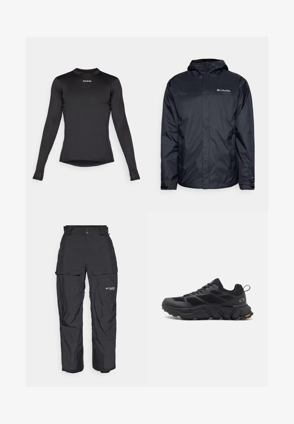 Čierna nepremokavá bunda s kapucňou, so zipsovým predným zapínaním, elastickými manžetami a logom v hornej ľavej oblasti hrudi. Ľahký materiál.; Čierny dlhý rukáv základný top s textúrou v mriežke, okrúhly výstrih a logo GripGrab na hrudi. Trochu zúžený strih s lemom.; Čierne nepremokavé vonkajšie nohavice s uvoľneným strihom, nastaviteľným pásom, bočnými cargo vreckami a vystuženými manžetami na členkoch.; Čierne atletické topánky s mohutnou podrážkou, vrchnou časťou z textilu a syntetiky, textúrovanými akcentmi a značkou Vibram na podrážke.