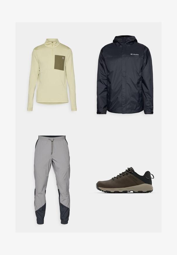 Melna ūdensnecaurlaidīga jaka ar kapuci, ar rāvējslēdzēja priekšpusi, elastīgām aprocēm un logo augšējā kreisajā krūtīs. Viegls materiāls.; Gai bežs garo piedurkņu krekls ar puscietu apkakli, ar olīvzaļu krūšu kabatu un logotipa detaļu uz kabatas. Gluda tekstūra.; Viegls, pelēks sporta bikses ar melniem akcentiem. Elastīga josta, ar auklu aizdare, sašaurināts kāju dizains un sānu kabatas.; Brūni ūdensnecaurlaidīgi sporta apavi ar teksturētu virsu, perforētiem akcentiem, melnu papēža atbalstu un pelēku gumijas zoli. Šņores veidotas ar metāliskiem galiem.