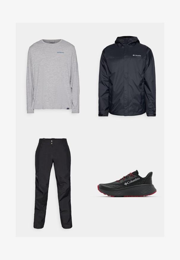 Crna vodootporna jakna s kapuljačom, s prednjim patentnim zatvaračem, elastičnim manžetama i logom na gornjem lijevom dijelu prsnog koša. Lagani materijal.; Svijetlosivi dugi rukav majica od mekanog, teksturiranog materijala. Ima okrugli izrez i mali plavi Patagonia logo na prsima.; Crne vodootporne hlače s glatkom teksturom, s dva prednja dugmeta i dizajnom suženih nogavica. Istaknute logotipom sa strane.; Crne sportske cipele s teksturiranim gornjim dijelom, crvenim vezicama i logom. Debeli đon s uzorkom za prianjanje. Minimalistički dizajn, bočni prikaz.