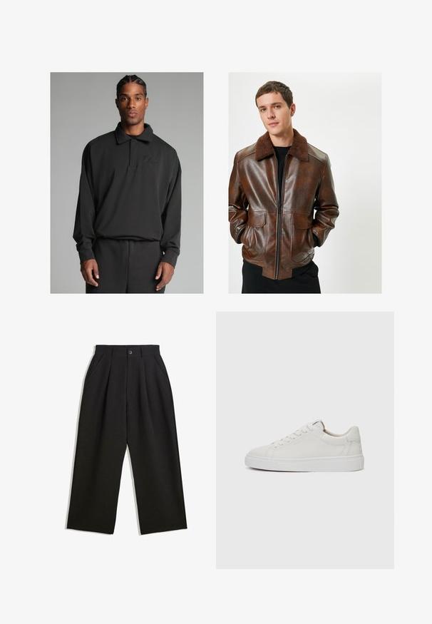 Giacca di pelle marrone con colletto fluffy marrone, chiusura con zip, due tasche frontali e design aderente. Texture liscia con finitura lucida.; Felpa polo nera in tessuto morbido, con colletto classico, maniche lunghe e logo ricamato sul petto.; Pantaloni neri con una vestibilità comoda, caratterizzati da pieghe frontali, tasche laterali e chiusura con bottone. Realizzati in tessuto testurizzato.; Sneakers bianchi in pelle, modello low-top, con punta rotonda, suola piatta in gomma bianca e dettagli di cucitura minimalista. Lacci fissati attraverso sei occhielli.