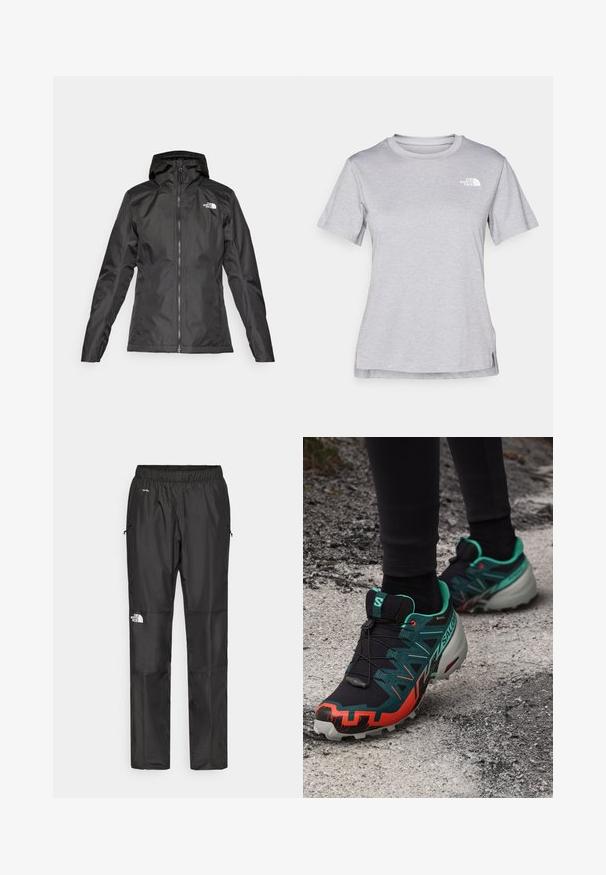 Melnā ūdensnecaurlaidīgā jaka ar kapuci, priekšējais rāvējslēdzis un garām piedurknēm. Uz augšējās kreisās puses atrodas balts logo. Gluda auduma tekstūra.; Pelēks īsām piedurknēm T-krekls, kas izgatavots no mīksta, mitrumu noturoša auduma. Tam ir apaļš kakls un neliels balts logo kreisajā augšējā stūrī.; Melnas ūdensnecaurlaidīgas bikses, kas izgatavotas no viegla materiāla, ar elastīgu jostu, sānu kabatām un logotipu uz kreisās kājas.; Salomon SPEEDCROSS 6 GTX - Krosa skriešanas apavi - black/electric green/cherry tomato
