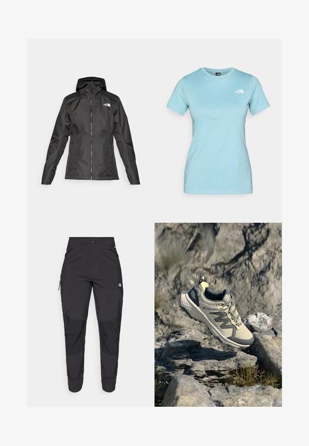 Crna vodootporna jakna s kapuljačom, prednjim zatvaračem i dugim rukavima. Ima bijeli logo na gornjoj lijevoj strani. Glatka tekstura tkanine.; Svijetloplava pamučna majica s kratkim rukavima i okruglim izrezom; sadrži mali bijeli logo na gornjem lijevom dijelu prsnog koša.; Crne vanjske hlače izrađene od izdržljivog materijala. Imaju džepove sa zatvaračem, ojačane paneli na koljenima i ravni kroj za slobodu pokreta.; Columbia trail trkačke cipele u svijetlo bež i sivoj boji. Mrežasti gornji dio s teksturiranim detaljima, gumeni potplat i reflektirajući dodaci. Lagani dizajn.