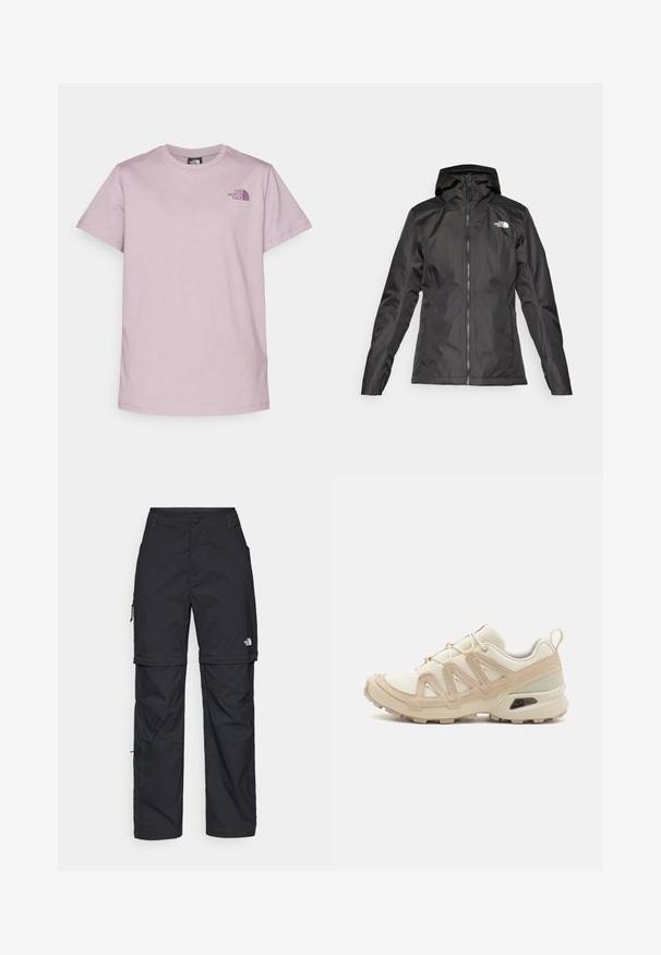 Must must veepjak, millel on kapuuts, ees lukuga ja pikad varrukad. Ülemises vasakus nurgas on valge logo. Sile kangastekstuuri.; The North Face BOX RELAXED TEE - Trükipildiga T-särk - purple chalk/midnight mauve; Mustad nailonist valmistatud eemaldatavad cargo-püksid, reguleeritavate pahkluudega, mitmete taskutega ja paremal jalal logoga. Sile, kerge tekstuur.; Beež ja koobalti spordijalats tekstureeritud võrkkattega, toetavad ülemised kihid ja kummist tallaga, millel on mustriga joonistus haardeks.