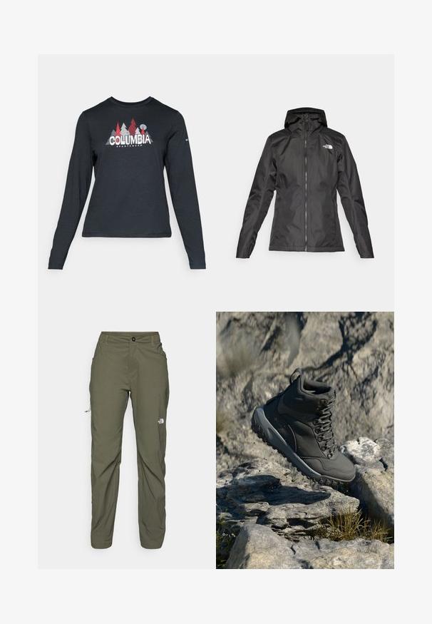 Chaqueta negra impermeable con capucha, cremallera frontal y mangas largas. Presenta un logo en blanco en la parte superior del lado izquierdo. Textura de tela suave.; Camisa de manga larga gris oscuro con un gráfico de árboles rojos y montañas; logo "COLUMBIA" en texto blanco en negrita. Tela suave, cuello redondo estándar.; The North Face EXPLORATION PANTS - Pantalones montañeros largos - new taupe green; Bota de senderismo gris oscuro hecha de material sintético, con cuello acolchado, ojales de metal y suela de goma texturizada para tracción.