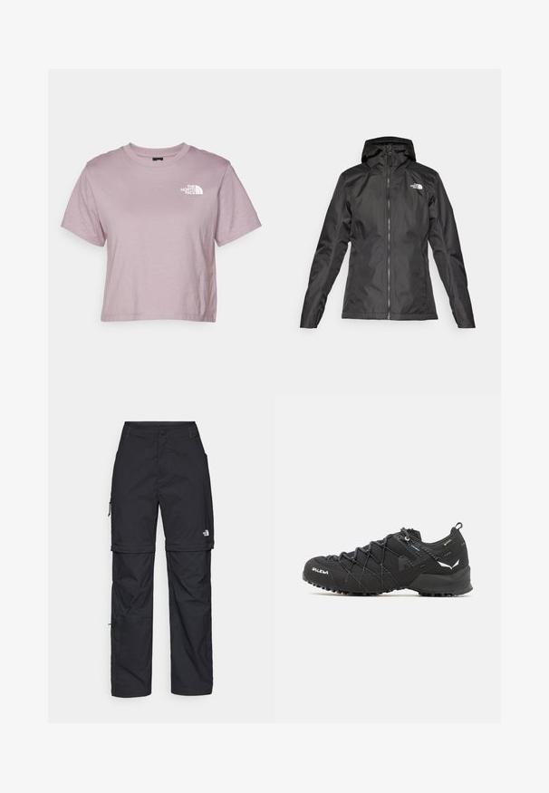 Must must veepjak, millel on kapuuts, ees lukuga ja pikad varrukad. Ülemises vasakus nurgas on valge logo. Sile kangastekstuuri.; The North Face SIMPLE DOME CROPPED SLIM TEE - Trükipildiga T-särk - purple chalk; Mustad nailonist valmistatud eemaldatavad cargo-püksid, reguleeritavate pahkluudega, mitmete taskutega ja paremal jalal logoga. Sile, kerge tekstuur.; Mustad matkajalatsid tekstuurse kangas ülaosaga, sidumisüsteemiga ja jäiga kummitaldiga. Kaunistatud peegeldavate detailide ja logodega.