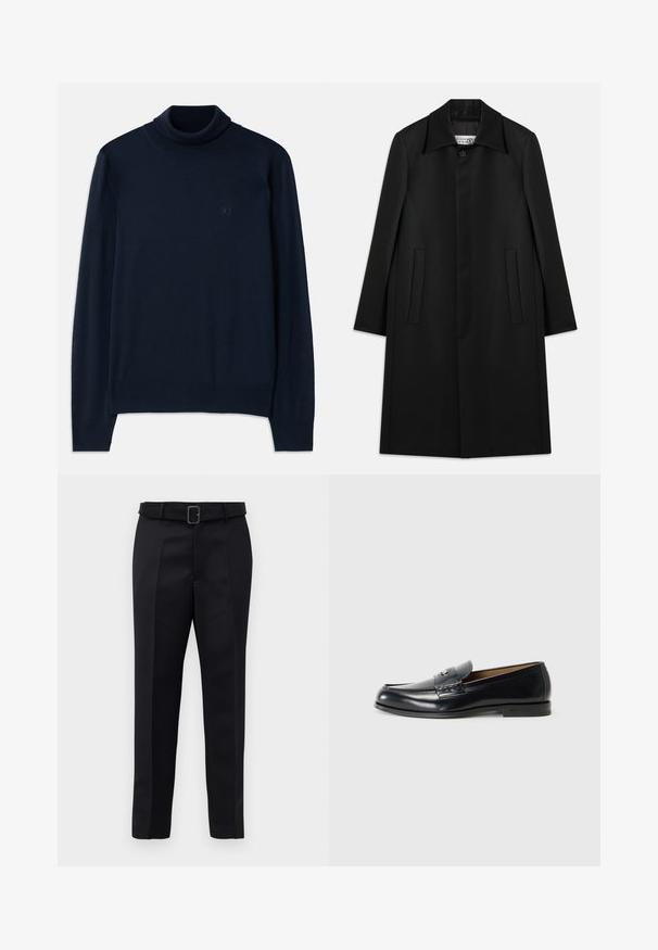 Musta pitkä takki, valmistettu sileästä kankaasta. Ominaisuuksiin kuuluu kaulus, yksittäinen nappikiinnitys ja kaksi sivupoketta suoran leikkauksen muotoilulla.; Dsquared2 TURTLE NECK - Neule - navy blue; Mustat räätälöidyt housut on valmistettu sileästä kankaasta, niissä on suora leikkaus ja vyötäröllä solki, jossa on suorakulmainen muoto. Huomattavat etu taitteet parantavat muotoilua.; Nahka loaferit mustana, jossa on sileä pinta, pyöreä kärki, koristeelliset tikkaus ja pieni metallikoriste edessä.
