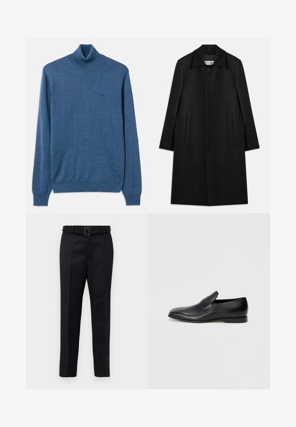 Fekete hosszú kabát, sima anyagból készült. Az öltözék gallérral, egy gombos záródással, valamint két oldalsó zsebbel rendelkezik, és egyenes szabású.; Kék, puha anyagból készült garbós pulóver. Bordás mandzsettákkal és aljjával rendelkezik, a mellkason egy sötétebb kék színű kis logó található.; A fekete, szabott nadrág sima anyagból készült, egyenes szabású, és övvel rendelkezik, amelynek téglalap alakú csatja van. A figyelemre méltó elülső redők fokozzák a dizájnt.; Fekete bőr, slip-on stílusú cipő, hegyes orral, sima textúrával és diszkrét logóval az oldalon. Alacsony sarokkal és letisztult, minimalista dizájnnal.