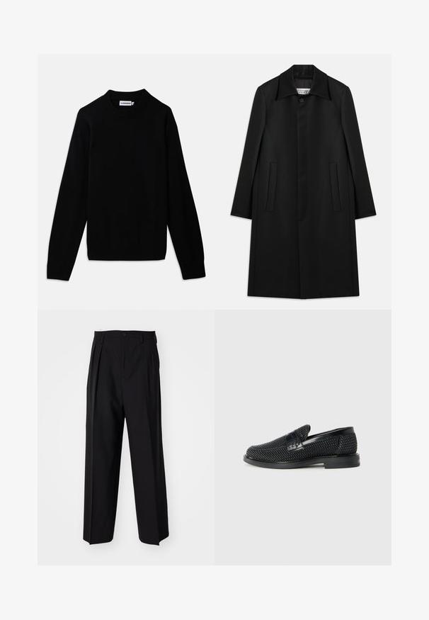 Juodas ilgas paltas, pagamintas iš lygaus audinio. Turi apykaklę, vieną sagą uždarymo ir dvi šonines kišenes su tiesiu kirpimu.; Juodas megztinis su įdubtu apykakliu, ilgomis rankovėmis ir tekstūrinio mezginio raštu. Nėra matomų logotipų ar dekoracijų.; Juodi klostuoti kelnių, su tiesiu, plačiu kojų dizainu. Pagaminti iš lygios medžiagos, su mygtukų uždarymu ir diržo kilputėmis.; Juodas pintas slip-on tipo batelis su lygiu odiniu akcentu viršuje, apvalios nosies dizainas ir žemas guminis padas.