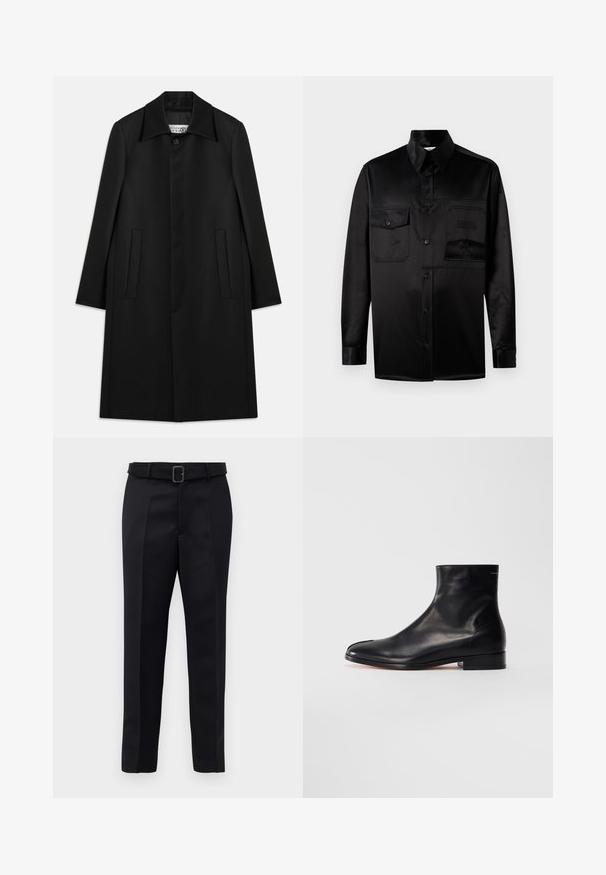 Černý dlouhý kabát vyrobený z hladkého materiálu. Má límec, zapínání na jeden knoflík a dvě boční kapsy s přímým střihem.; Černá košile s dlouhým rukávem vyrobená z hladké látky. Obsahuje špičatý límeček, přední zapínání na knoflíky a dvě náprsní kapsy s klopou.; Černé oblekové kalhoty mají hladkou tkaninu, rovný střih a pas s opaskem a obdélníkovou sponou. Výrazné přední záhyby zvýrazňují design.; Černá hladká kožená kotníková bota s nízkým podpatkem a kulatou špičkou, zobrazená z boku na bílém pozadí.