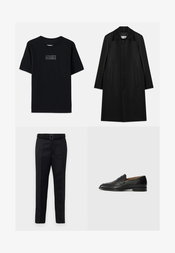 Juodas ilgas paltas, pagamintas iš lygaus audinio. Turi apykaklę, vieną sagą uždarymo ir dvi šonines kišenes su tiesiu kirpimu.; Juodas medvilnės marškinėliai su trumpomis rankovėmis ir apvaliu iškirpimu. Pirmame kyne yra baltas numerinis spaudinys su stilizuotu skaičiumi '6'.; Juodos pritaikytos kelnės turi lygią medžiagą, tiesų kirpimą ir diržą su stačiakampiu sagtimi. Išskirtiniai priekiniai raukšliai pagerina dizainą.; Juodas odinis loaferis su apvaliu nosiu, subtiliomis siuvimo detalėmis ir žemu kulnu, pasižymintis lygia tekstūra ir minimalistiniu dizainu.