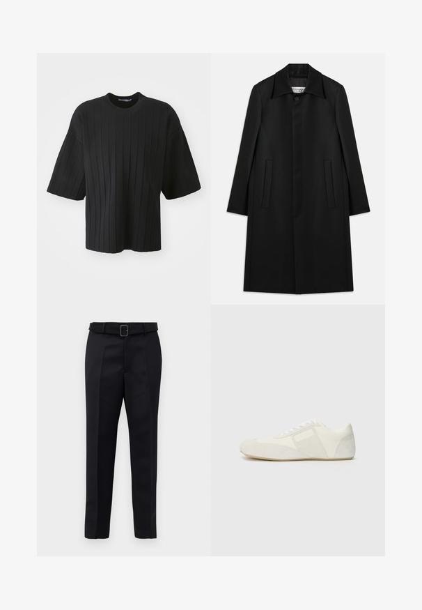 Zwarte lange jas, gemaakt van gladde stof. Bevat een kraag, een enkele knoopsluiting en twee zijzakken met een rechte snit.; Zwart top met korte mouwen en een ontspannen pasvorm, voorzien van een verticale ribbelstructuur en een ronde hals, gemaakt van een zachte, rekbare stof.; Zwarte op maat gemaakte broek van gladde stof met een rechte snit en een ceintuur met een rechthoekige gesp. Opvallende voorvouwen accentueren het ontwerp.; Witte sportieve schoen met een slank ontwerp, voorzien van een suède teenkap, leren panelen en contrasterende textuuraccenten. Vlakke rubberen zool.