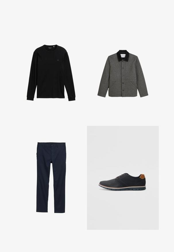 Giacca a scacchi realizzata in tessuto testurizzato nero e beige, con colletto in corduroy nero, tasche frontali e chiusura con bottoni.; T-shirt a maniche lunghe nera realizzata in tessuto morbido; presenta un collo rotondo, polsini a costine e un piccolo logo sul petto per dettagli.; Pantaloni leggeri blu navy con texture morbida, design a gamba dritta, chiusura con bottone e tasche laterali.; Scarpe sintetiche nere con tomaia testurizzata, dettagli lisci, tacco marrone e suola a contrasto. Presentano una lacerazione minimale e dettagli di cucitura.