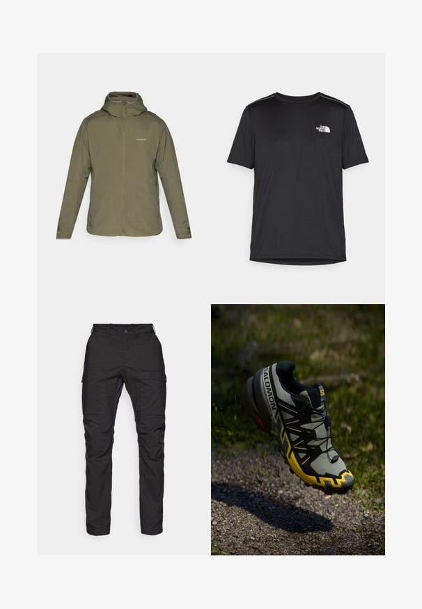 Olivinės spalvos, lengvas džemperis su užtrauktuku priekyje, reguliuojama kapisonu ir švelnia prekės ženklo ženklatūra. Lygi tekstūra, ilgomis rankovėmis ir be matomų kišenių.; Juodas trumpas rankovės marškinėliai, pagaminti iš lengvos medžiagos. Yra mažas baltas logotipas kairiajame krūtinės pusėje ir subtilūs pečių akcentai.; Juodos krovinių kelnės, pagamintos iš tvirto audinio, su dviem šoninėmis kišenėmis, mygtuko užsegimu ir siaurėjančiais kojų kirpimais, pasižyminčios sklandžiu tekstūru.; Salomon bėgimo bateliai, skirti trasoms, subtiliai pilkos spalvos su ryškiai geltonais akcentais. Pasižymi tekstūruotu padu, saugiu raištelių sistema ir paminkštintu apykakle.