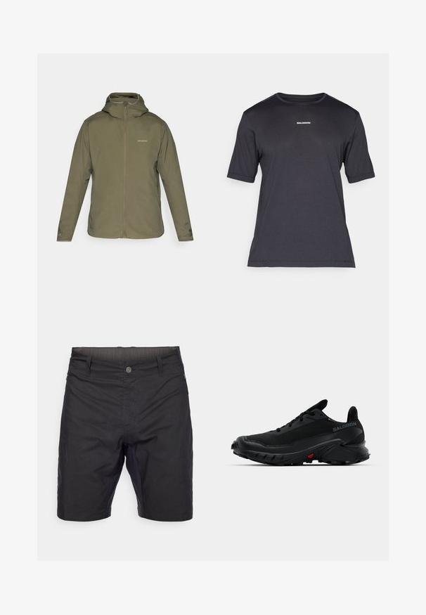 Casaco leve, de cor verde-oliva, com fecho de correr à frente, capuz ajustável e uma marcação discreta. Textura suave, com mangas longas e sem bolsos visíveis.; T-shirt de desempenho preta de manga curta, feita de tecido respirável, com decote redondo e pequeno logótipo branco "SALOMON" no peito.; Calções pretos feitos de tecido leve com um design simples, apresentando uma frente com botão, faixa padrão na cintura e costuras reforçadas.; Tênis esportivos pretos com um cabedal texturizado, bico arredondado e solado de borracha proeminente. Apresenta um logotipo na lateral e detalhes vermelhos na sola.