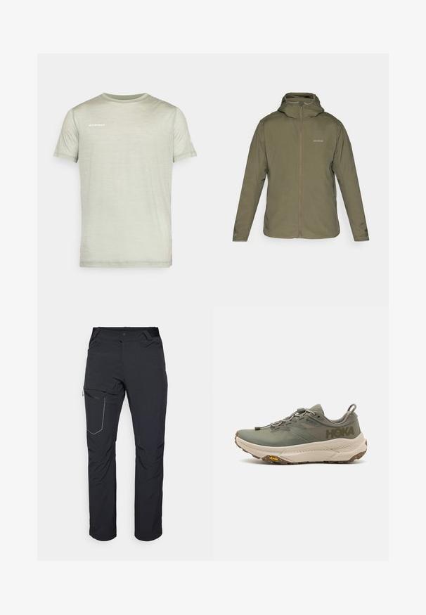 Olive green, lightweight jacket with a zip front, adjustable hood, and subtle branding. Smooth texture with long sleeves and no visible pockets.; Light green short-sleeve t-shirt made of soft fabric. Features a crew neck and “MAMMUT” logo printed in white on the chest.; Black outdoor pants featuring a zippered thigh pocket, elastic waistband, and smooth, water-resistant fabric. Clean design with no visible logos.; Green Hoka running shoe with Gore-Tex upper, textured accents, elastic laces, and thick beige outsole featuring Vibram logo.