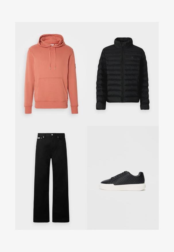 Casaco puffer preto com gola alta, costura horizontal e fecho frontal com zíper. Apresenta bolsos laterais e um logótipo discreto no peito.; Sweatshirt rosa com capuz ajustável, bolso canguru, punhos e bainha canelados. Feito de um tecido macio com uma textura suave.; Calças de ganga pretas com um design de pernas largas, apresentando cinco bolsos e fechos metálicos. Textura suave, sem padrões visíveis.; Sapatilha preta com textura geométrica na lateral, biqueira lisa e sola de borracha branca. Apresenta atacadores redondos e um design de cano baixo.