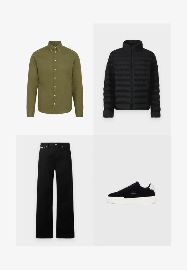 Svart puffjacka med hög krage, horisontell sömnad och dragkedja framtill. Har sidofickor och en diskret logotyp på bröstet.; Olivgrön långärmad skjorta med knapp-down krage, framtill placket och vita knappar. Har subtilt texturerad tyg och broderidetalj.; Svarta denimbyxor med en vid bendesign, som har fem fickor och metallknappar. Slät textur, inga synliga mönster.; Svart lågskor med vit sula och hälflik, snörning framtill och Calvin Klein-logotyp på sidan.