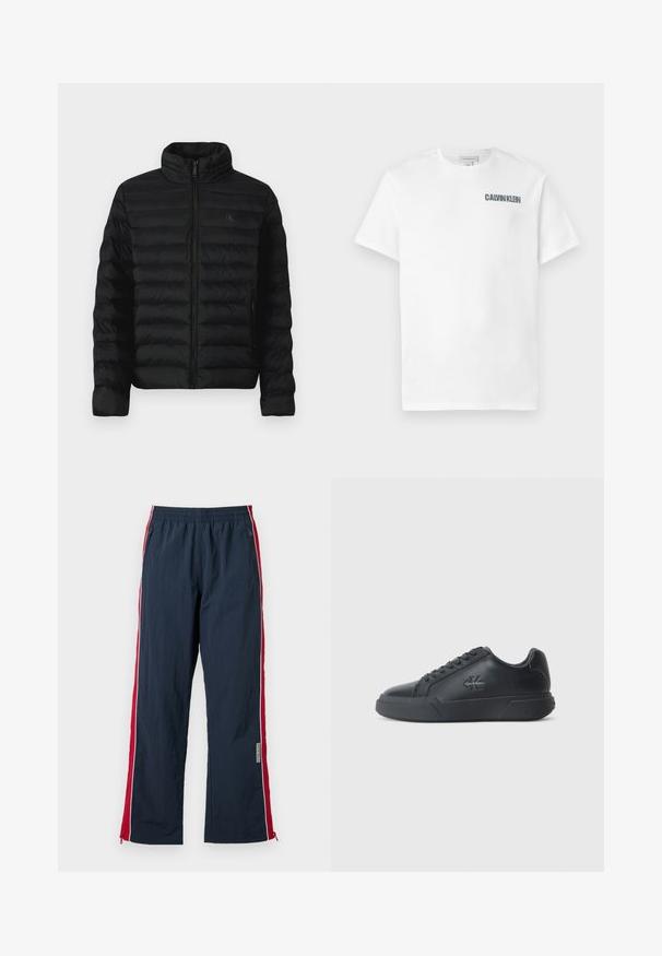 Schwarze Steppjacke mit hohem Kragen, horizontalen Nähten und frontale Reißverschlussöffnung. Mit seitlichen Taschen und einem dezenten Logo auf der Brust.; Weißes Baumwoll-T-Shirt mit Rundhalsausschnitt und kurzen Ärmeln. Auf der linken Brustseite befindet sich das Logo "CALVIN KLEIN" in Dunkelgrau. Glatte Textur.; Navy-Fitness-Hosen mit elastischem Bund und roten Seitstreifen. Mit weißem Piping und Reißverschlüssen am Knöchel zur Anpassung. Leichtes Material.; Schwarze Leder-Sneaker mit abgerundeter Zehenpartie, flacher Sohle und Schnürdesign. Auffällige Details sind ein dezentes Logo an der Seite.