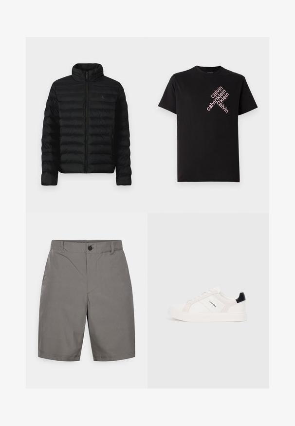 Črna puhovka s visokim ovratnikom, horizontalnim šivi in sprednjim zadrgo. Ima stranske žepe in subtilen logotip na prsih.; Črna bombažna majica s kratkimi rokavi, ki ima diagonalno roza logotip "calvin klein" natisnjen na sprednji strani. Ima okroglo izrez.; Sive kratke hlače iz lahkega materiala z ravnim sprednjim delom, gumbom za zapiranje in subtilnimi krojaškimi podrobnostmi.; Beli športni čevlji z svetlo roza in črnimi detajli, ki imajo gladke usnjene in semiš panele, okroglo konico in plitki gumijasti podplat.