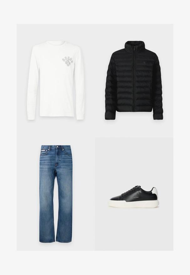 Juodas pūkinis švarkas su aukštu apykakle, horizontaliomis siūlėmis ir priekiu užtraukiama užtrauktuko uždarymu. Yra šoninės kišenės ir diskretiška logotipas ant krūtinės.; Baltos ilgos rankovės marškinėliai pagaminti iš medvilnės, su apvalia kaklo iškirpte ir mažuoju pilku "GUESS" logotipu kairėje krūtinės pusėje. Paprastas dizainas, be raštų.; Mėlyni tiesaus kirpimo džinsai su šiek tiek išblukimu, priekinis mygtukų užsegimas ir mažas logotipo ženkliukas dešinėje priekinėje kišenėje.; Juodos odinės sportinės bateliai su balta guma. Turi apvalų nosį, raištelių dizainą ir logotipo detalę šone. Užpakalinė akcento dalis balta.