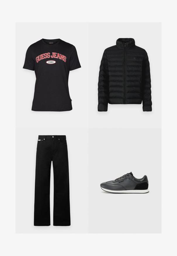 Melnā pūkainā jaka ar augstu apkakli, horizontālu šuvju un priekšējo rāvējslēdzēju. Aprīkota ar sānu kabatām un diskrētu logotipu uz krūtīm.; Melna kokvilnas T-kreklu ar īsām piedurknēm, kas izceļas ar izteiktu sarkano "GUESS JEANS" logo un "1981" baltā krāsā, apaļā grafiskā detaļa.; Melni džinsi ar platajiem bikšu dizainu, ar piecām kabatām un metāla pogām. Gluda tekstūra, bez redzamām rakstu detaļām.; Melni sporta kurpju zābaki, kas izgatavoti ar ādas augšdaļu, ar perforētu dizainu, zamšādas akcentiem un baltu gumijas zoli. Klasiska auklu pievēršana.