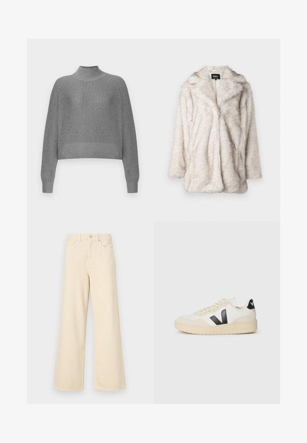 Faux fur coat in light beige with a plush texture, open front, and notched collar. Features a relaxed fit and mid-length sleeves.; Gray ribbed sweater with a high neckline, dropped shoulders, and long sleeves. Features a textured knit and a cropped hem.; Beige wide-leg jeans made of cotton. Features a button closure, belt loops, and front pockets with a smooth, soft texture.; Off-white sneaker with beige sole, black "V" logo on side, laces, and black heel tab branded with white letters.