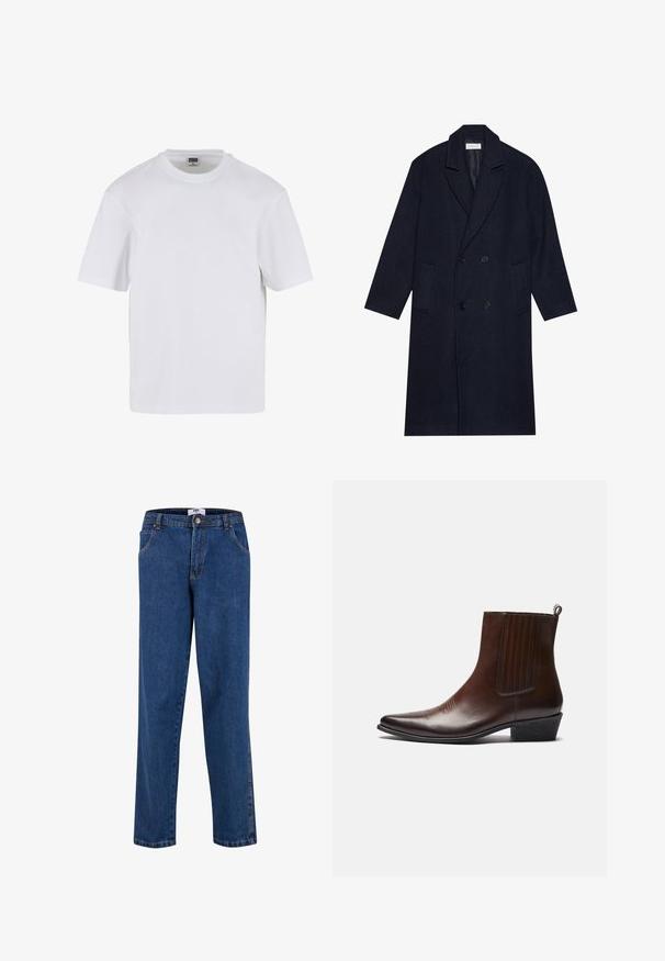 Ciemnoniebieski płaszcz dwurzędowy w deseń w jodełkę, z klapami, dwoma przednimi kieszeniami i teksturowanym materiałem.; Czarny rozpinany polar wykonany z miękkiego materiału, z kapturem, przednimi kieszeniami oraz ściągaczami przy mankietach i na dole. Prosty design bez wzorów.; Biała koszulka z krótkim rękawem wykonana z bawełny. Posiada okrągły dekolt i luźny krój. Gładka tekstura, minimalistyczny design, brak wzorów lub akcentów.; Jasnoniebieska, w paski, długi rękaw, koszula z guzikami. Posiada tradycyjny kołnierz, białe guziki oraz gładką tkaninę z mieszanki bawełny.; Niebieskie dżinsy o prostym kroju nogawki, z zapięciem na guziki, przednimi kieszeniami oraz kontrastowym przeszyciem wzdłuż szwów.; Brązowy skórzany botek za kostkę z wąskim nosem, elastycznymi bocznymi panelami, teksturowanym wykończeniem z przodu oraz niskim, słupkowym obcasem.