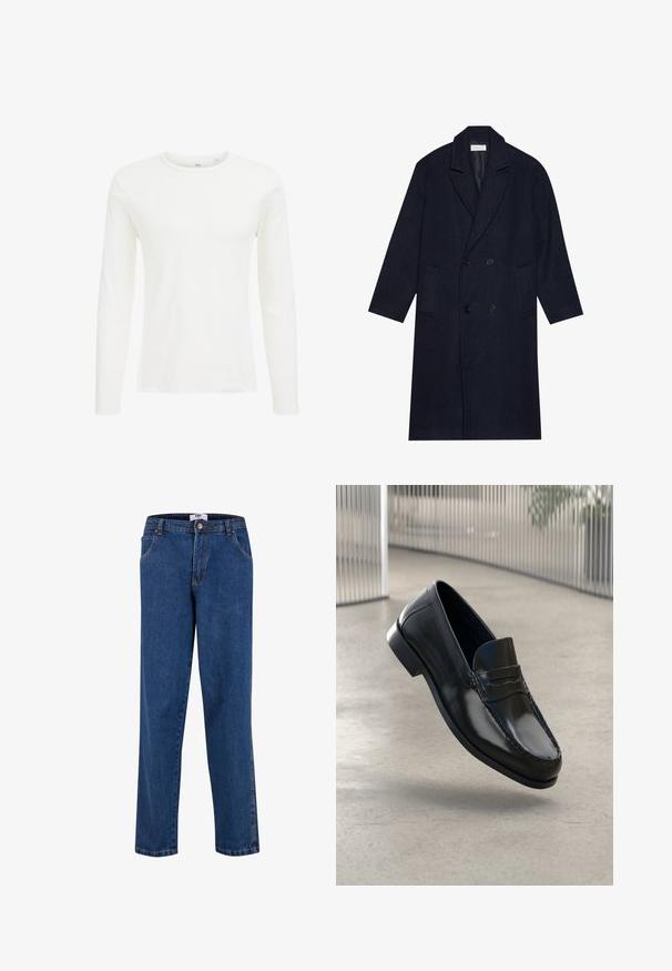 Sötét tengerészkék, dupla mellényes kabát, halszálka mintázattal, ami hegyes gallérral, két elülső zsebbel és strukturált anyaggal rendelkezik.; Fehér, hosszú ujjú póló, puha pamutból készült. Kerek nyakkivágással és letisztult szabással rendelkezik, látható minták vagy díszítések nélkül.; Kék farmernadrág egyenes szabású dizájnnal, gombos záródással, elülső zsebekkel és kontrasztos varrással az illesztéseknél.; Fekete bőr mokaszinok sima felülettel, lekerekített orral, díszítő varrással és enyhén megemelt talppal.