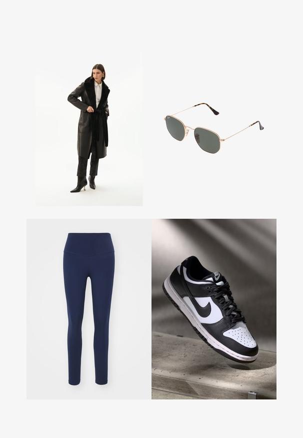 Zwarte leren jas met een nepbont kraag, voorzien van een riem in de taille en zijzakken, gedragen over donkere, bedrukt broeken en laarzen met een spitse neus.; Witte lange mouwen top met een brede halslijn, zijsplitten en een gladde, lichtgewicht stof, met een eenvoudig, minimalistisch ontwerp.; Marineblauwe leggings van rekbaar materiaal met een hoge tailleband, ontworpen voor comfort en een strakke pasvorm. Gladde textuur, zonder zichtbare patronen.; Zwart-witte Nike Dunk Low sneaker met een leren bovenwerk, geperforeerde neus, en zwarte veters, met een witte zool en logo-accenten.; Gouden metalen zonnebril met donkergroene lenzen, aviator-stijl, met slanke scharnieren en schildpad-accenten op de uiteinden.; Grijze geweven handtas met een driehoekige vorm, voorzien van een enkele strap en een gestructureerd oppervlak, ritsluiting en een gelijkmatig patroon door het hele oppervlak.