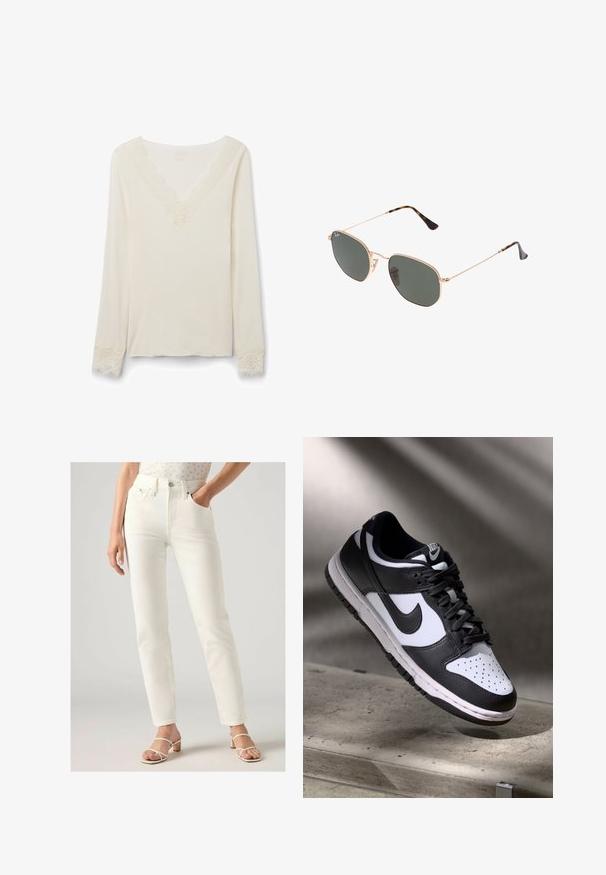 Zwarte leren jas met een nepbont kraag, voorzien van een riem in de taille en zijzakken, gedragen over donkere, bedrukt broeken en laarzen met een spitse neus.; Crème lange mouw top met een V-hals, voorzien van een fijne kantafwerking bij de halslijn en kantaccenten bij de manchetten. Zachte stofstructuur.; Witte high-waisted jeans met een rechte pasvorm, voorzien van voorzakken, een knoopsluiting en een gladde denimtextuur. Gekleed met lichte sandalen.; Zwart-witte Nike Dunk Low sneaker met een leren bovenwerk, geperforeerde neus, en zwarte veters, met een witte zool en logo-accenten.; Gouden metalen zonnebril met donkergroene lenzen, aviator-stijl, met slanke scharnieren en schildpad-accenten op de uiteinden.; Grijze geweven handtas met een driehoekige vorm, voorzien van een enkele strap en een gestructureerd oppervlak, ritsluiting en een gelijkmatig patroon door het hele oppervlak.