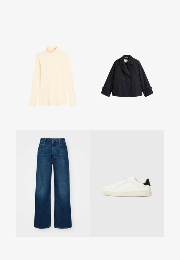 Marineblauer doppelt knöpfbarer Trenchcoat aus leichtem Stoff, mit einem Reverskragen, langen Ärmeln und geknöpften Manschetten.; Helle cremefarbene Rollkragenpullover aus weichem Stoff, mit langen Ärmeln und einer figurnahen Silhouette sowie einem hohen Kragen.; Hochtaillierte, weit geschnittene Jeans in dunkelblauem Denim mit glatter Textur, Kontrastnähten und einem Fünf-Taschen-Design. Verschluss mit einem Frontknopf.; Weiße Ledersneaker mit runden Zehen, Schnürung, durchbrochenen Details und einem schwarzen Fersenakzent. Strukturiertes Gummisohle.