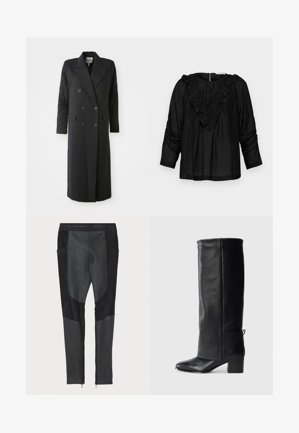 Black double-breasted coat with a sharp collar, six buttons, and beaded detail on sleeve. Smooth fabric with a tailored shape and long length.; Black blouse with a ruffled V-neck, three-quarter sleeves, and gathered details at shoulders, made from a smooth, lightweight fabric.; Black pants featuring a mix of suede and denim textures. Slim fit with side pockets and ankle zippers. Smooth surface with distinct paneling.; Black leather knee-high boots with a smooth finish, square toe, block heel, and side tie detail for adjustable fit.