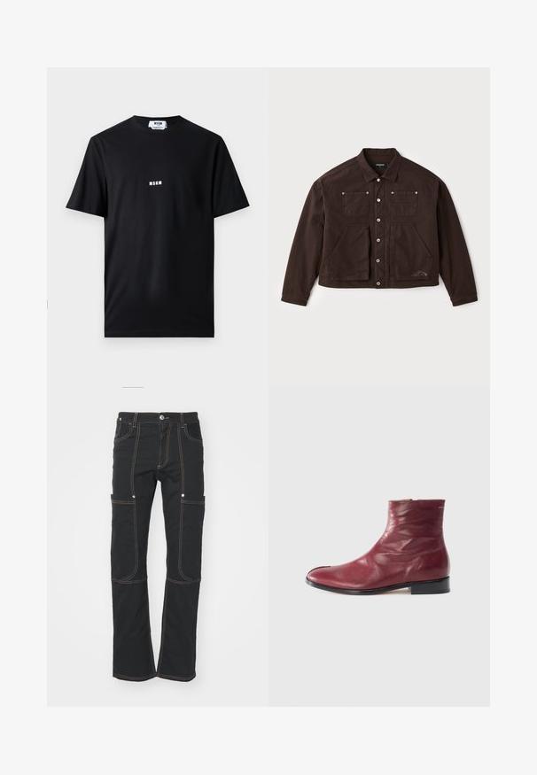 Ruskea kanvaat jacket, jossa on napitettava etuosa, kaksi rintataskua ja kaksi suurempaa etutaskua. Huomionarvoista ompelua ja logoyksityiskohtia sivulla.; Mustaa puuvillapaitaa, jossa on pyöreä kaula-aukko ja lyhyet hihat. Edessä valkoinen "MSGM" -logo keskitettynä. Sujuva rakenne, normaali istuvuus.; Mustat cargo-housut, jotka on valmistettu kestävästä kankaasta, useilla taskuilla, kontrastivärillä ommeltuina, suoran lahkeen muotoilulla ja napilliseen vyötäröön.; Burgundy nahkateko nilkkuri, jossa on sileä pinta, sivuvetoketju, pyöreä kärki ja matala musta korko, johon on lisätty hienovaraisia ryppyjä ja minimaalista tikkausta.