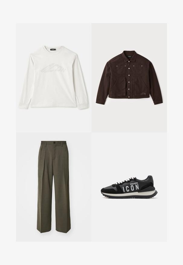 Giacca in tela marrone con chiusura a bottoni, due tasche sul petto e due tasche frontali più grandi. Cuciture e dettagli del logo in evidenza sul lato.; Maglietta a maniche lunghe grigia chiara realizzata in cotone, con scollo rotondo, spacchi laterali e un logo stampato leggero sul davanti.; Filippa K WIDE TROUSERS - Pantaloni - driftwood; Sneaker nere in pelle e suede, con un logo "ICON" bianco e suola nera a contrasto. I lacci sono bianchi; design sportivo.