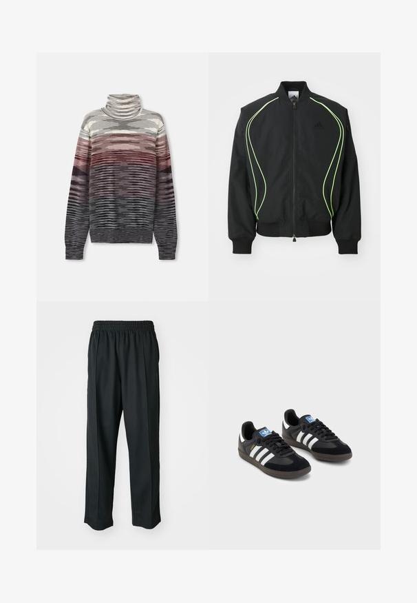 Černá bomber bunda s neonově zeleným lemem, žebrovanými manžetami a límcem. Disponuje zipem vpředu a boční kapsou na zip. Vyrobena z lehkého materiálu.; Pruhovaný rolák s gradientem barev: šedá, bílá, burgundská a černá. Měkká textura, dlouhé rukávy a pletené manžety.; Černé sportovní kalhoty s elastickým pasem, vyrobené z hladké látky, s jemným bočním švem a pohodlným střihem, rovný střih nohavic.; Černé tenisky s vrškem z semiše a syntetického materiálu, s třemi bílými pruhy, texturovanou gumovou podrážkou a modrou nášivkou loga na jazyku.