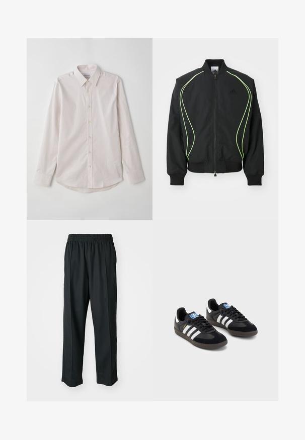 Schwarze Bomberjacke mit neongrüner Paspelierung, gerippten Bündchen und Kragen. Verfügt über einen Reißverschluss vorne und eine seitliche Reißverschlusstasche. Hergestellt aus leichtem Material.; Helles rosa langärmliges Hemd mit Knopfleiste, verbreiteter Kragen, vertikalen Streifen und abgerundetem Saum. Verfügt über beigefarbene Knöpfe und eine glatte Textur.; Schwarze Sporthosen mit elastischem Bund, aus glattem Stoff, mit dezenten Seitennähten und einem entspannten Schnitt, mit geradem Bein.; Schwarze Sneaker mit einem Obermaterial aus Wildleder und Synthetik, ausgestattet mit drei weißen Streifen, einer strukturierten Gummi-Sohle und einem blauen Logo-Tag auf der Zunge.