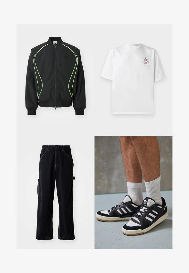Schwarze Bomberjacke mit neongrüner Paspelierung, gerippten Bündchen und Kragen. Verfügt über einen Reißverschluss vorne und eine seitliche Reißverschlusstasche. Hergestellt aus leichtem Material.; Weißes Baumwoll-T-Shirt mit kurzen Ärmeln, das auf der linken Brustseite ein kleines pinkes und schwarzes Kaffeetassen-Graphic zeigt.; Schwarze Cargo-Hosen mit einer lockeren Passform, featuring einem Kordelzugbund, seitlichen Taschen und kontrastierenden weißen Nähten.; Schwarz-weiße Sneaker mit einem Obermaterial aus Wildleder und Leder, ausgestattet mit drei weißen Streifen, einer perforierten Zehenpartie und einer Sohle aus Gummi.